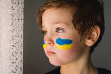 Ukrayna bayrağının renkleriyle boyanmış yüzü olan Ukraynalı bir çocuğun portresi.