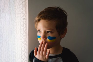 Ukrayna bayrağının renkleriyle boyanmış yüzü olan Ukraynalı bir çocuğun portresi.