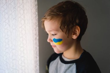 Ukrayna bayrağının renkleriyle boyanmış yüzü olan Ukraynalı bir çocuğun portresi.