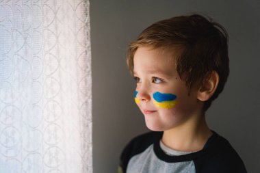 Ukrayna bayrağının renkleriyle boyanmış yüzü olan Ukraynalı bir çocuğun portresi.