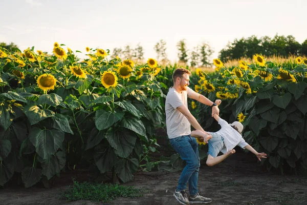 Vater mit kleinem Sohn im Sonnenblumenfeld zur goldenen Stunde. Vater und Sohn sind in der Natur aktiv. — Stockfoto
