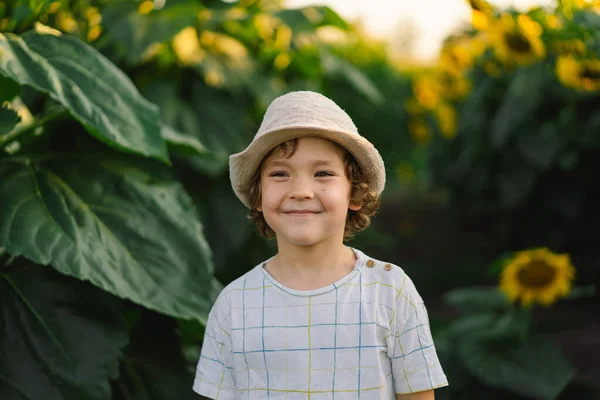 Glücklicher Junge, der in einem Sonnenblumenfeld spaziert. Kind spielt mit großer Blume und hat Spaß. — Stockfoto
