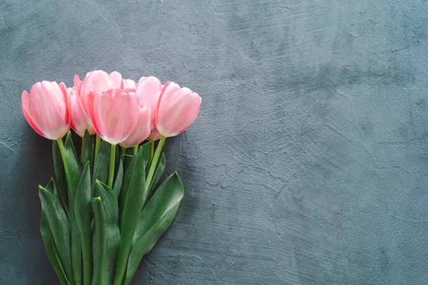 Fresh tulips flat lay on grey background. Stylish greeting card — Fotografia de Stock