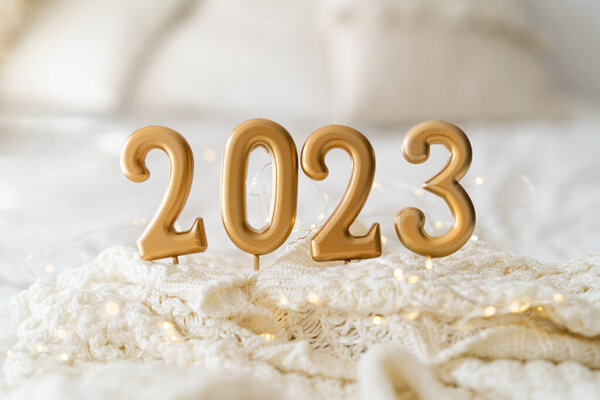 Happy New Years 2023 Christmas Background 2023 Candles White Knit Stock Picture