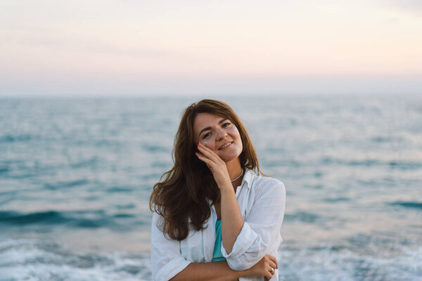 Portrait Happy Young Woman Background Beautiful Sea Girl Looks Magical Stock Photo