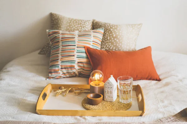 Linen Pillows White Bed Home Decor Still Life Details Home — Stockfoto