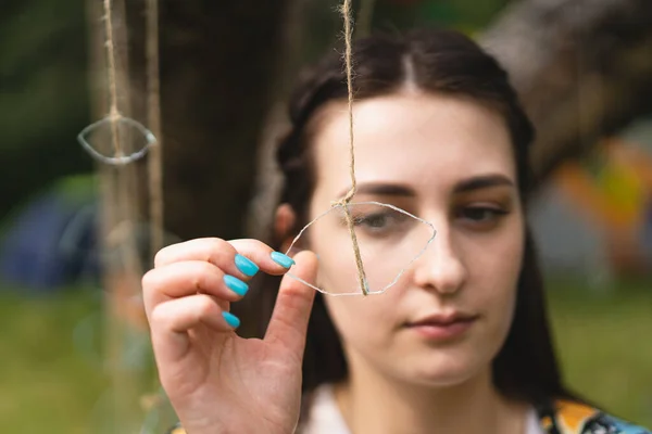 Portrait Beautiful Girl Holding Glass Eye Hanging Thread — Foto de Stock