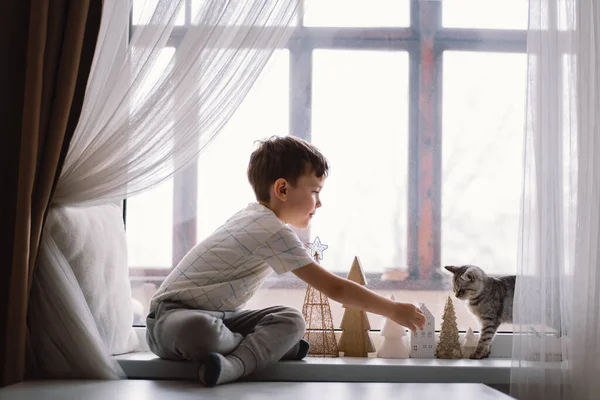 Lindo Chico Jugando Con Gatito Sentado Alféizar Ventana Cerca Ventana —  Fotos de Stock