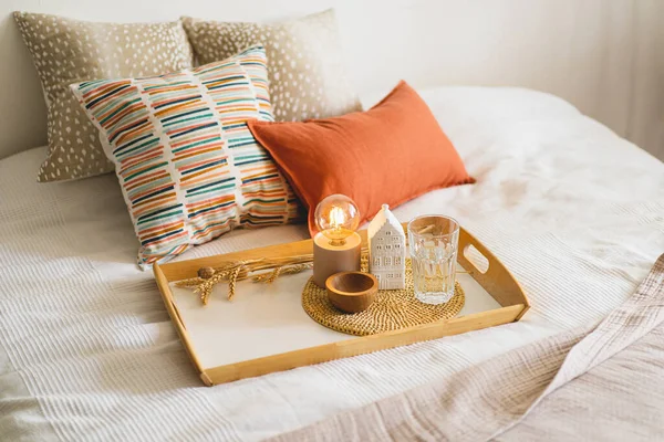 Linen Pillows White Bed Home Decor Still Life Details Home — Stockfoto