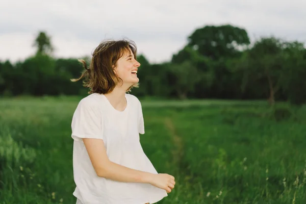 Portrait Teenager Girl Happy Cheerful Teen Girl Pronounced Face Dancing — Stock Photo, Image