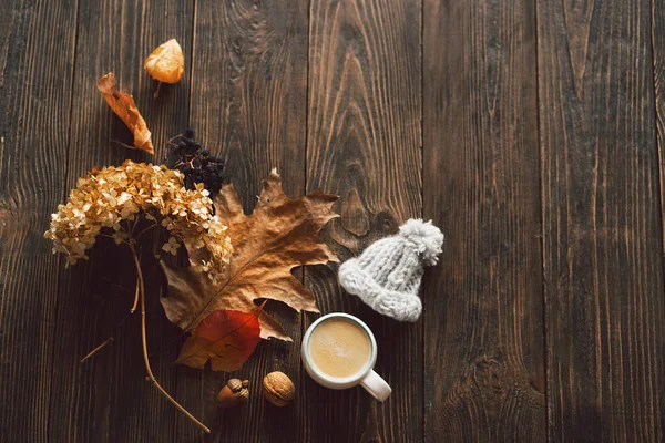 Autumn Composition Cup Coffee Autumn Dried Leaves Knitted Little Hat — Photo