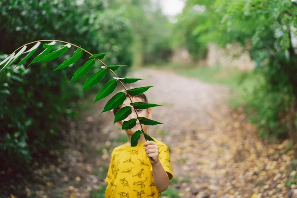 Six Year Old Boy Runs Green Leaves His Hands Countryside — Stock Fotó