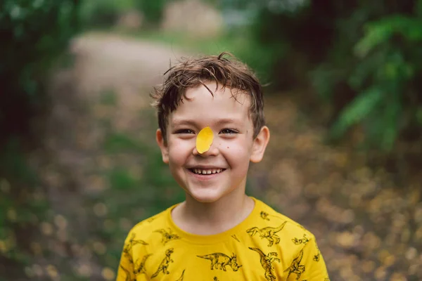 Portrait Boy Yellow Leaf His Nose Happy Child Boy Laughing — Stock Fotó