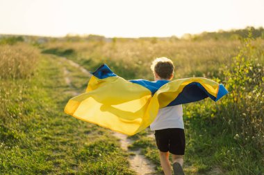 Ukraines Independence Day. Ukrainian child boy in white t shirt with yellow and blue flag of Ukraine in field. Flag of Ukraine. Constitution day. Stand with Ukraine and Save
