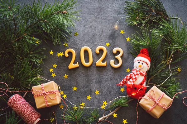 Happy New Years 2023 Christmas Background Cone Tree Christmas Decorations — Foto de Stock