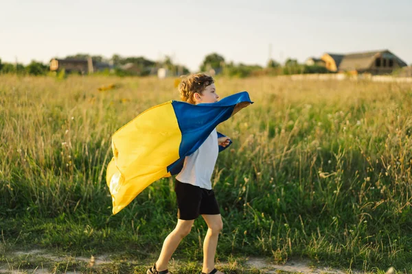 Ukraines Independence Day. Ukrainian child boy in white t shirt with yellow and blue flag of Ukraine in field. Flag of Ukraine. Constitution day. Stand with Ukraine and Save
