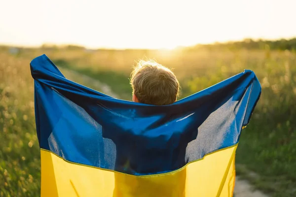 ウクライナ独立記念日 フィールドにウクライナの黄色と青のフラグを持つ白いTシャツの子供の男の子 ウクライナの国旗 憲法の日だ ウクライナと保存 — ストック写真