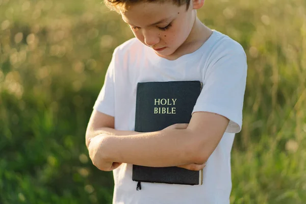 Christian boy holds bible in her hands. Reading the Holy Bible in a field during beautiful sunset. Concept for faith, spirituality and religion. Peace, hope