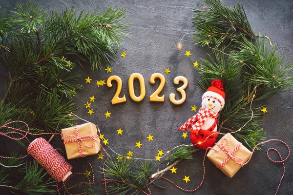 Happy New Years 2023 Christmas Background Cone Tree Christmas Decorations — Zdjęcie stockowe