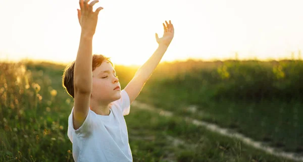 Boy Closed Her Eyes Praying Field Sunset Hands Folded Prayer Royalty Free Stock Photos