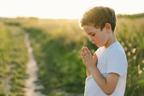 Boy Closed Her Eyes Praying Field Sunset Hands Folded Prayer Stock Image