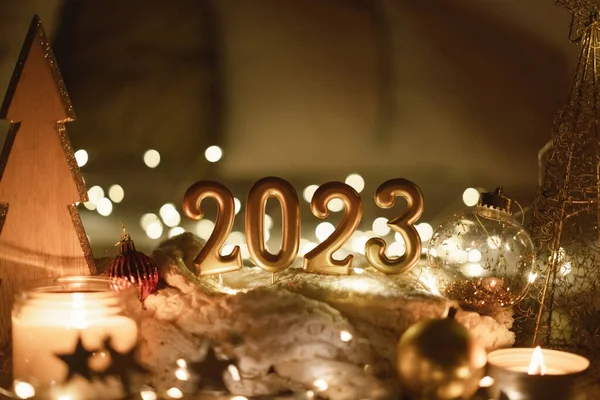 Happy New Year 2023 Number 2023 Made Candles Festive Sparkling — Zdjęcie stockowe