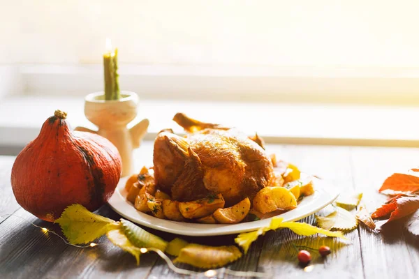 Happy Thanksgiving Autumn Composition Leaves Ripe Pumpkin Thanksgiving Turkey Dark — Stock Photo, Image