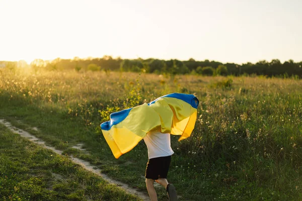 ウクライナ独立記念日 フィールドにウクライナの黄色と青のフラグを持つ白いTシャツの子供の男の子 ウクライナの国旗 憲法の日だ ウクライナと保存 — ストック写真