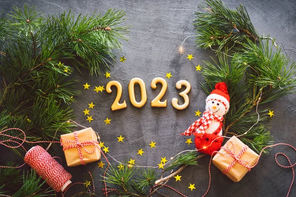 Happy New Years 2023 Christmas Background Cone Tree Christmas Decorations — Zdjęcie stockowe