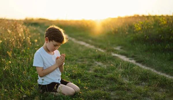 Boy Closed Her Eyes Praying Field Sunset Hands Folded Prayer Stock Photo