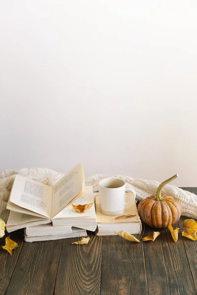 Gemütliche Herbstdekoration Dekorativer Kürbis Getrocknete Blumen Bücher Warme Pullover Lesung — Stockfoto