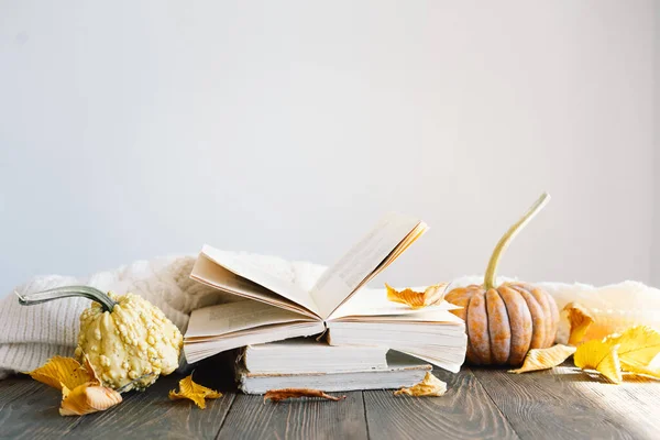 Cozy autumn background, decorative pumpkin, dried flowers, books, warm sweaters. Reading in the autumn day. Autumn books. Autumn reading. Cozy mood. Space for text, top view.