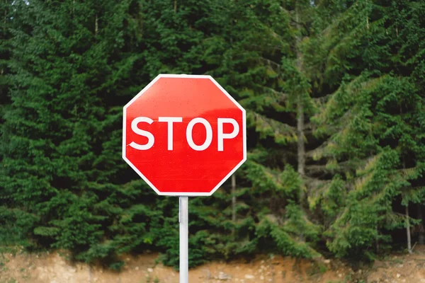 Stop sign. Traffic sign. STOP sign on pole near the road.
