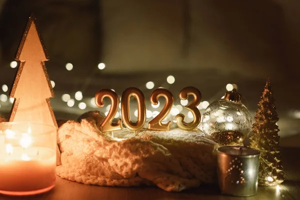 Happy New Year 2023 Number 2023 Made Candles Festive Sparkling — Zdjęcie stockowe