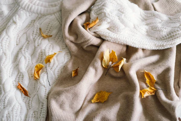 有保暖毛衣的背景 一堆针织服装 有秋叶 温馨背景 针织品 文字空间 秋冬概念 复制空间 — 图库照片