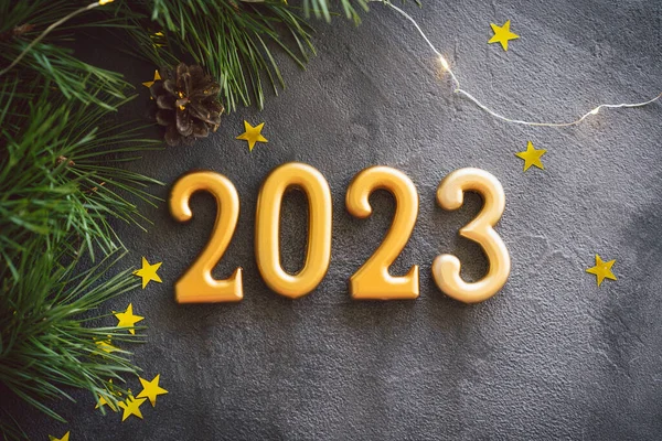 Happy New Years 2023 Christmas Background Cone Tree Christmas Decorations — Stok Foto