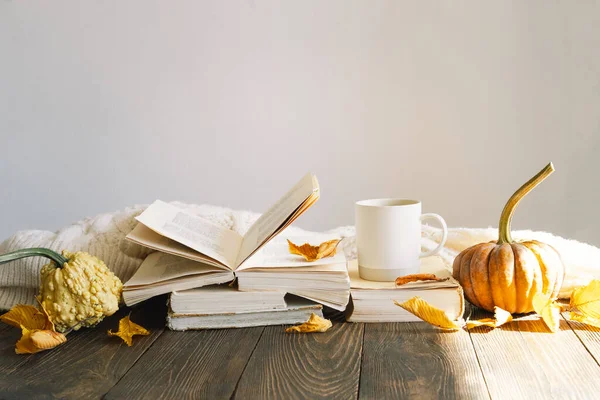 Cozy autumn background, decorative pumpkin, dried flowers, books, warm sweaters. Reading in the autumn day. Autumn books. Autumn reading. Cozy mood. Space for text, top view.