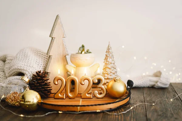 Feliz Ano Novo 2023 Fundo Natal Com Abeto Cones Decorações Imagens Royalty-Free