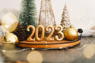 Mutlu yıllar 2023. Noel arkaplanı köknar ağacı, koni ve Noel süslemeleri. Noel bayramı kutlaması. Yeni yıl konsepti.