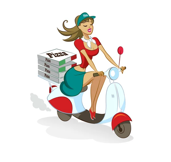 Pizza. Woman. Scooter — Stock Vector