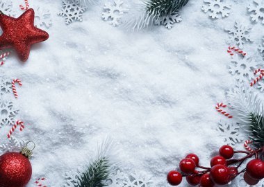 Beyaz arka planda Noel süslemeleri olan dallar. Tatil kavramı.