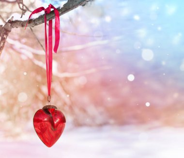 Kışın karlı ağaç dalı üzerinde kırmızı kalp. Tatil. Mutlu Sevgililer günü kutlama. Kalp sevgi kavramı.