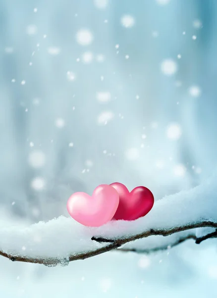 Красные Сердца Ветке Снежного Дерева Зимой Праздники Счастливого Дня Святого — стоковое фото