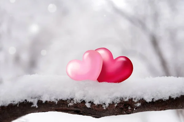 Czerwone Serca Gałęzi Drzewa Śniegu Zimie Wakacje Happy Valentines Dzień — Zdjęcie stockowe