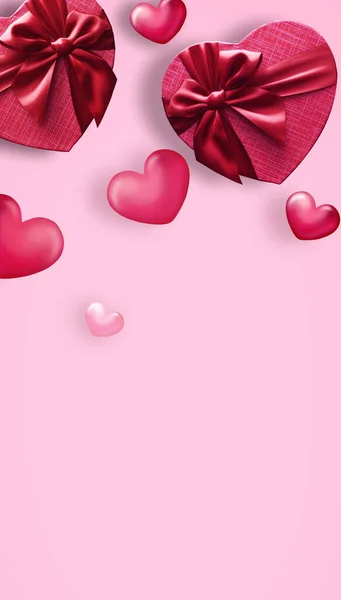 Valentijnsdag Decoraties Met Hartvormige Geschenkdozen Hartjes Een Roze Achtergrond Vakantie — Stockfoto