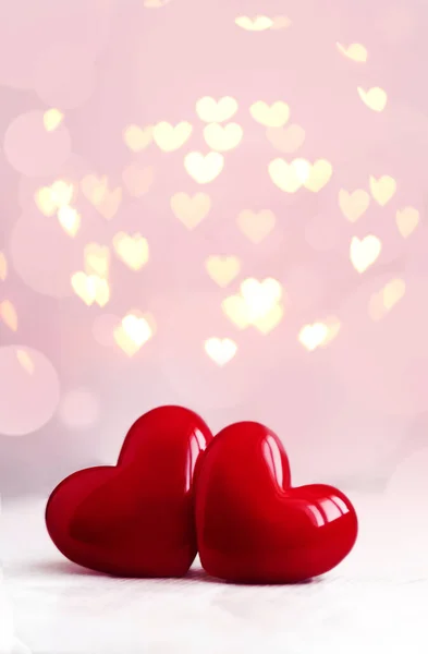 Fondo Del Día San Valentín Con Brillantes Corazones Plástico Luz —  Fotos de Stock