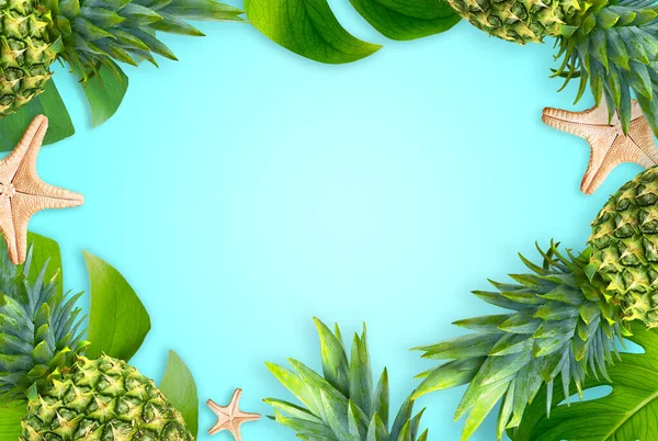 夏季背景设计的概念 带蓝底海星 菠萝和海葵叶的度假海滩俯瞰 — 图库照片