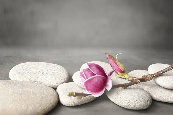 美丽的粉色木兰花在石头上 健康温泉的概念治疗心灵和身体的美丽 — 图库照片