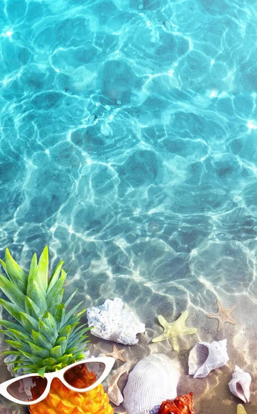 成熟的菠萝在时髦的太阳镜和蓝海贝壳 热带暑假概念 — 图库照片
