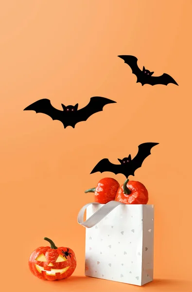 Calabazas Halloween Murciélagos Bolsa Compras Feliz Concepto Halloween — Foto de Stock